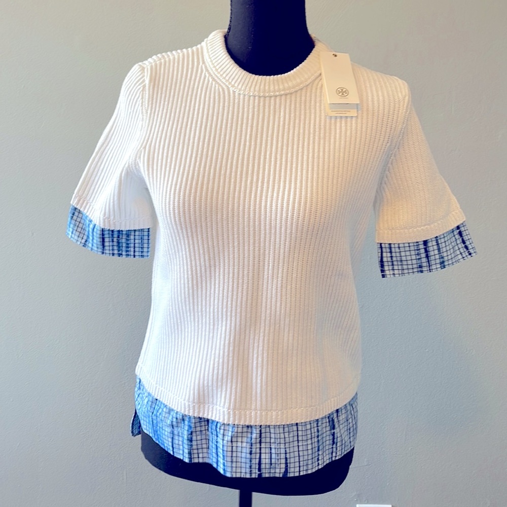 NWT Tory Burch Sweater Short sleeve White top with blue edges